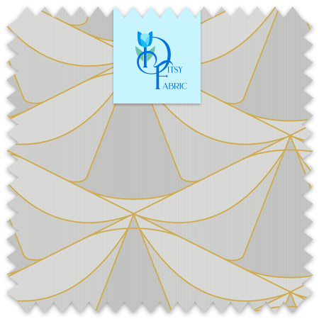 Swooping gray Art Deco design over a pin stripe backdrop with gold accents..